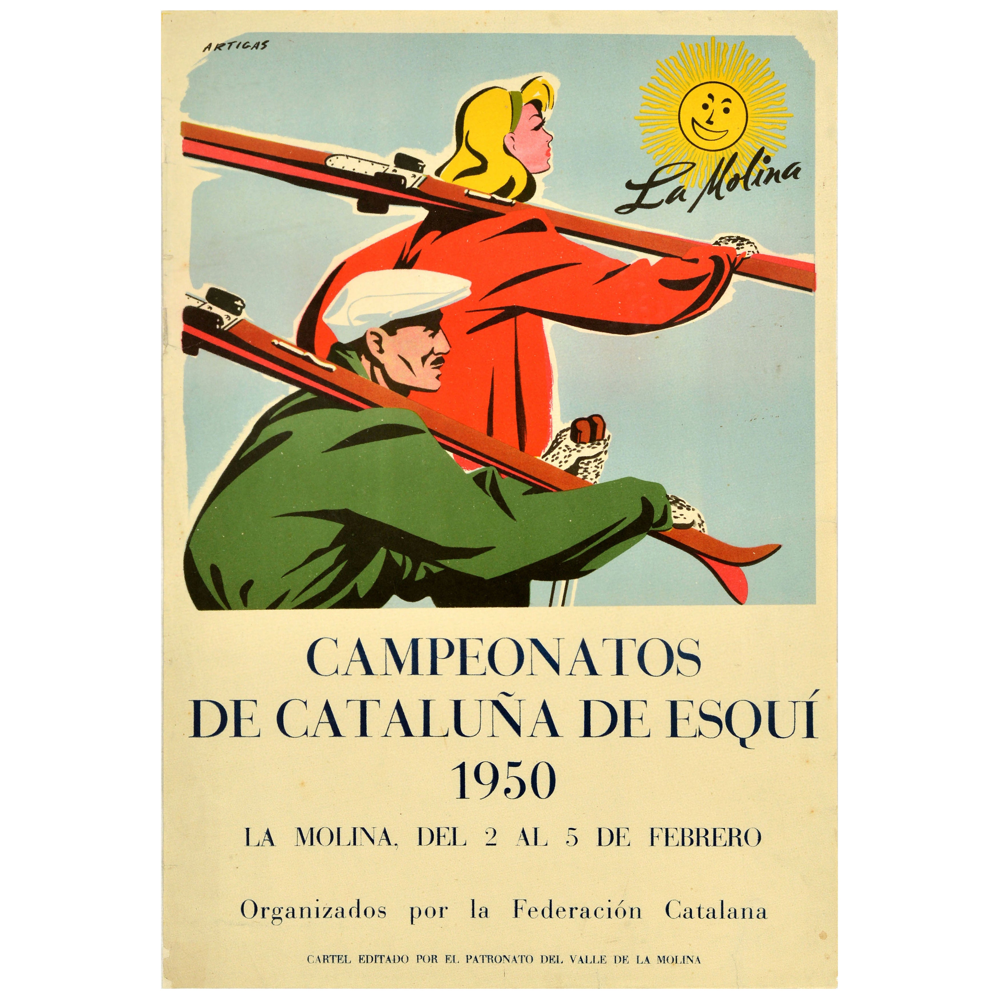 Poster originale d'epoca sugli sport invernali Campionati catalani di sci 1950 La Molina