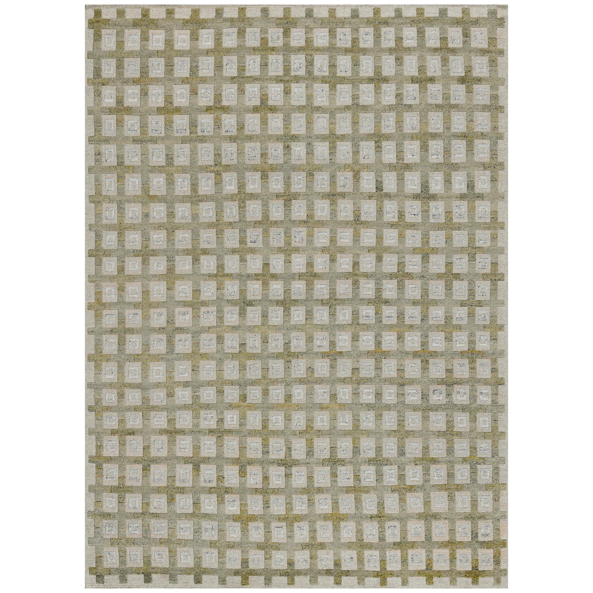 New Contemporary Tappeto tessuto a mano in lana beige a quadretti di ispirazione svedese