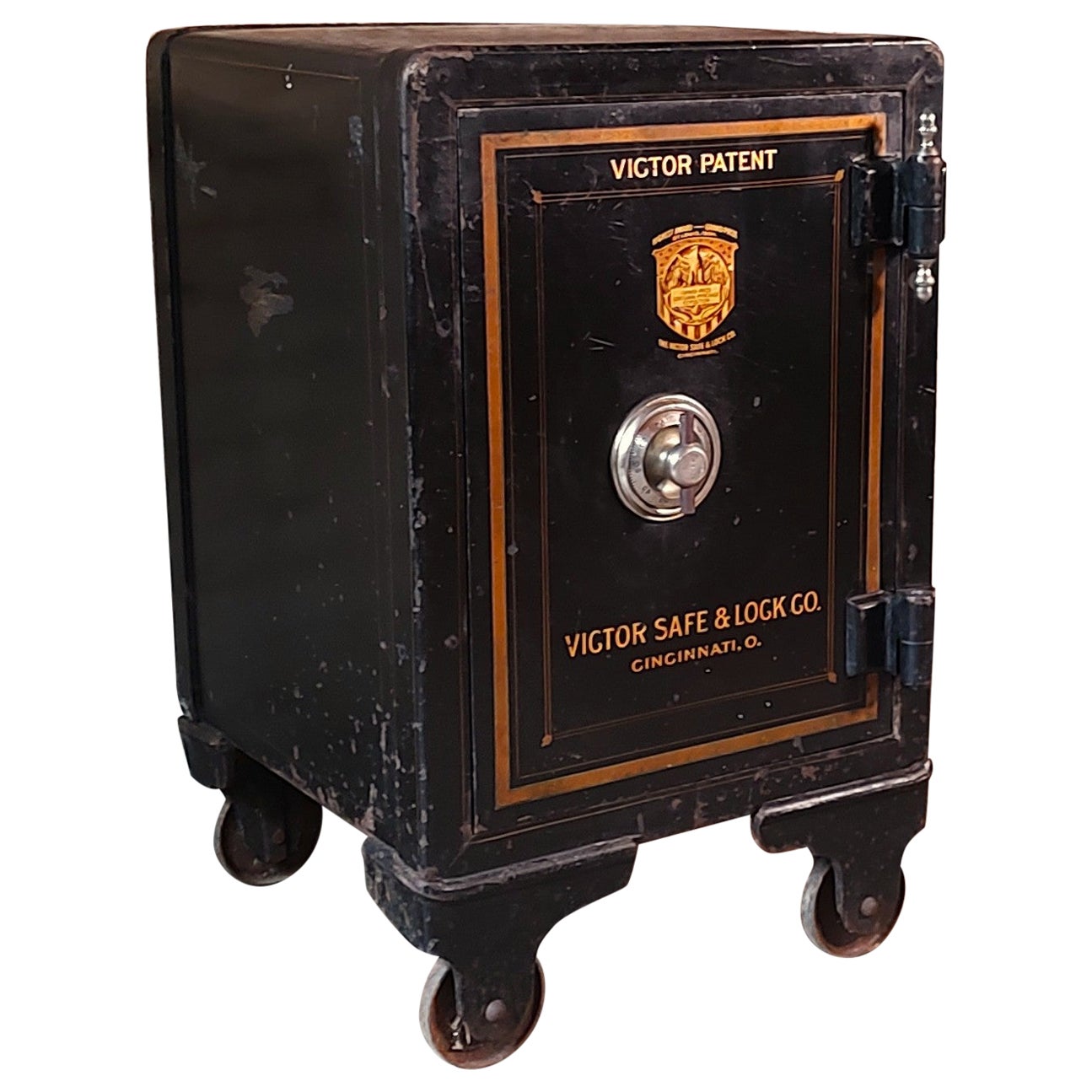 Small Antique Rolling Floor Safe by Victor Co. For Sale