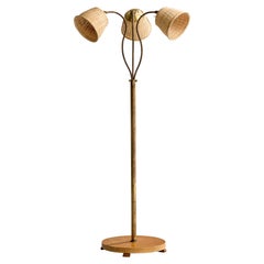 Designer suédois, lampadaire, laiton, bois, rotin, Suède, années 1930