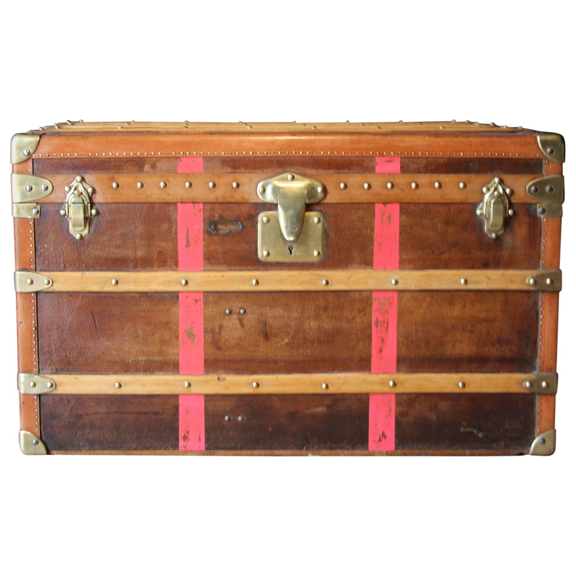 1920s Moynat Brown and Red Stripes Canvas French Steamer Trunk