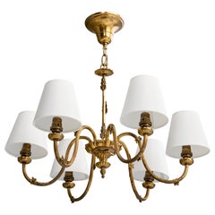 Lampadario di design francese, ottone, tessuto, Francia, anni '1950