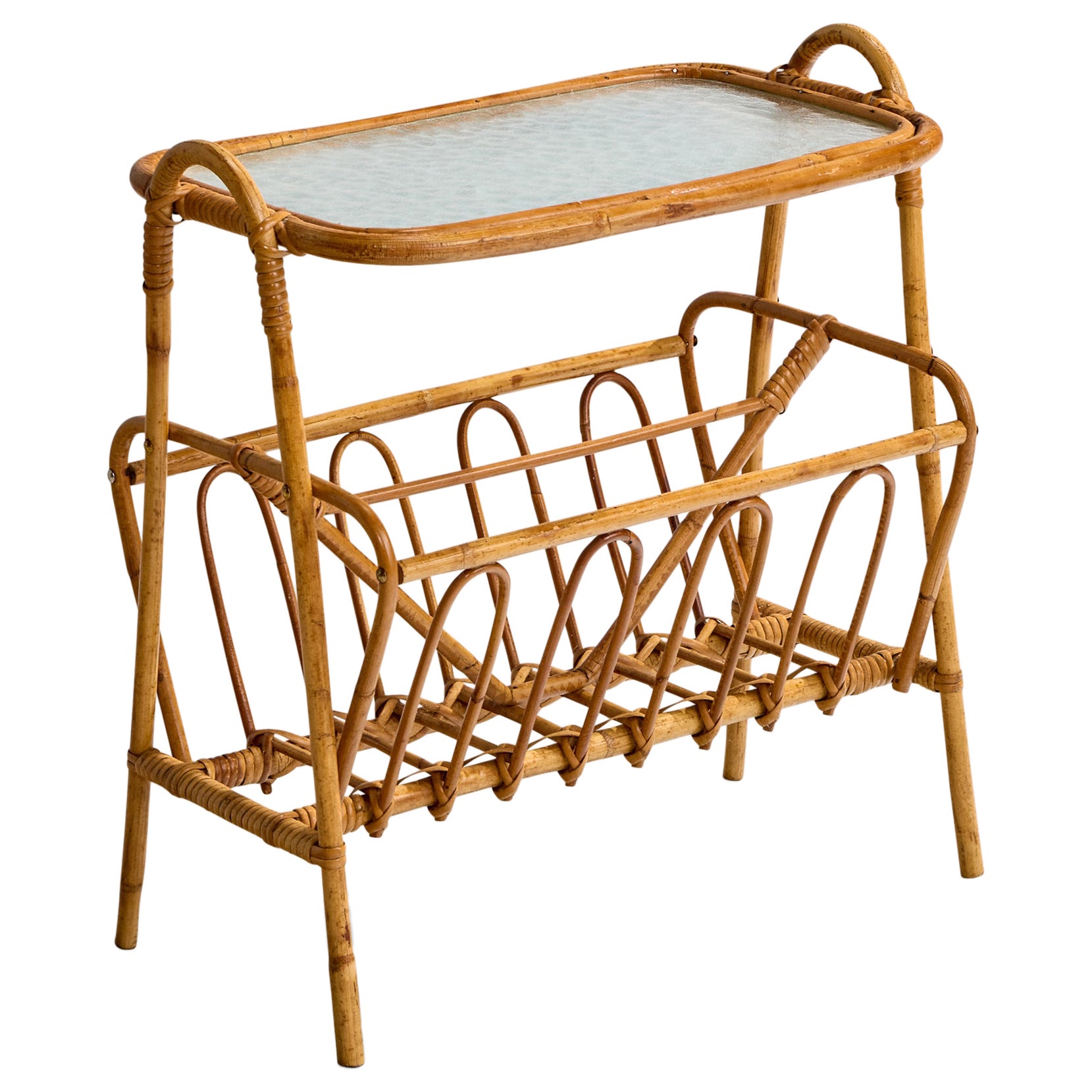 Swedish Designer, Side Table, Bamboo, Rattan, Glass, Sweden, 1950s en vente