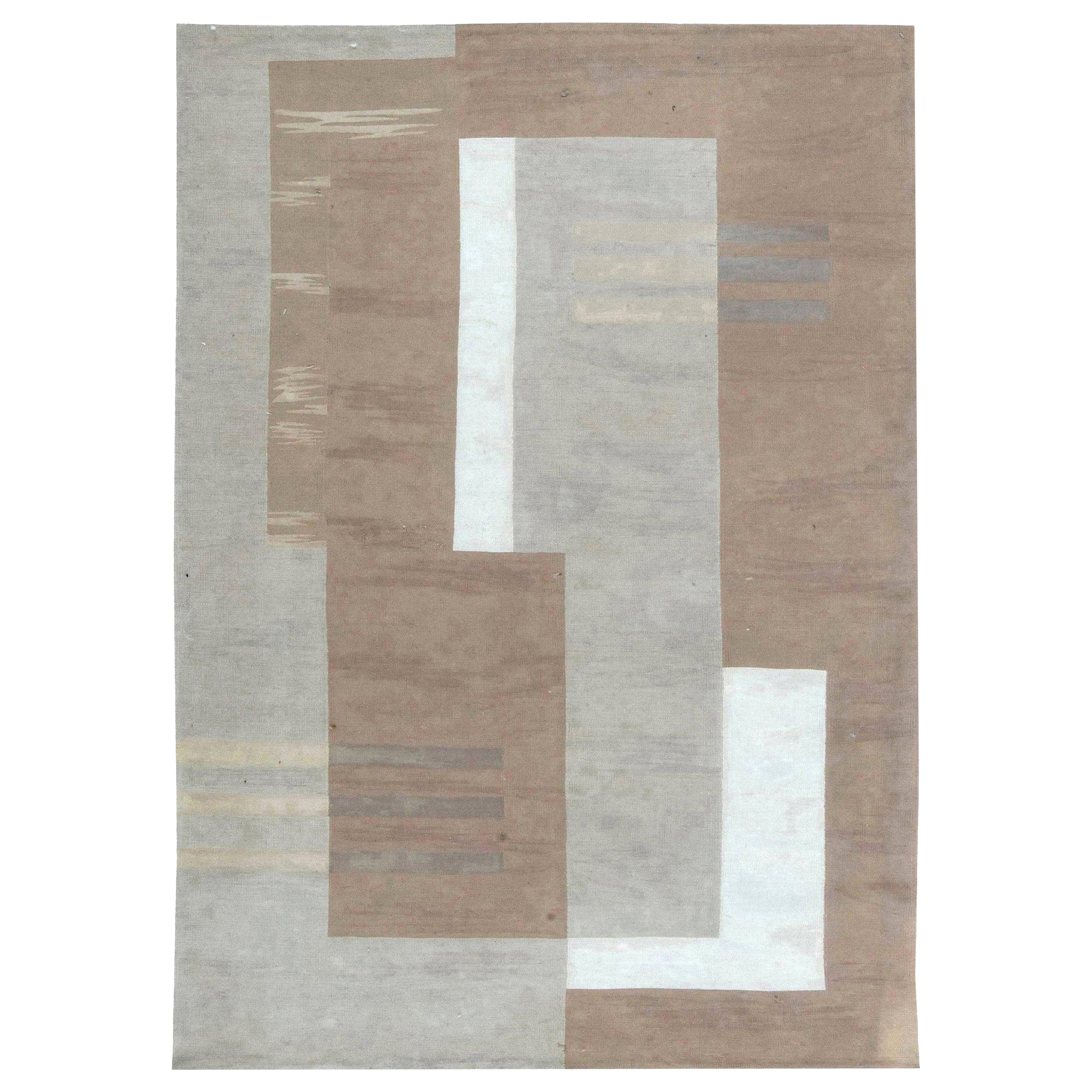 Tappeto geometrico contemporaneo in lana a trama piatta beige e bianca di Doris White Blau in vendita
