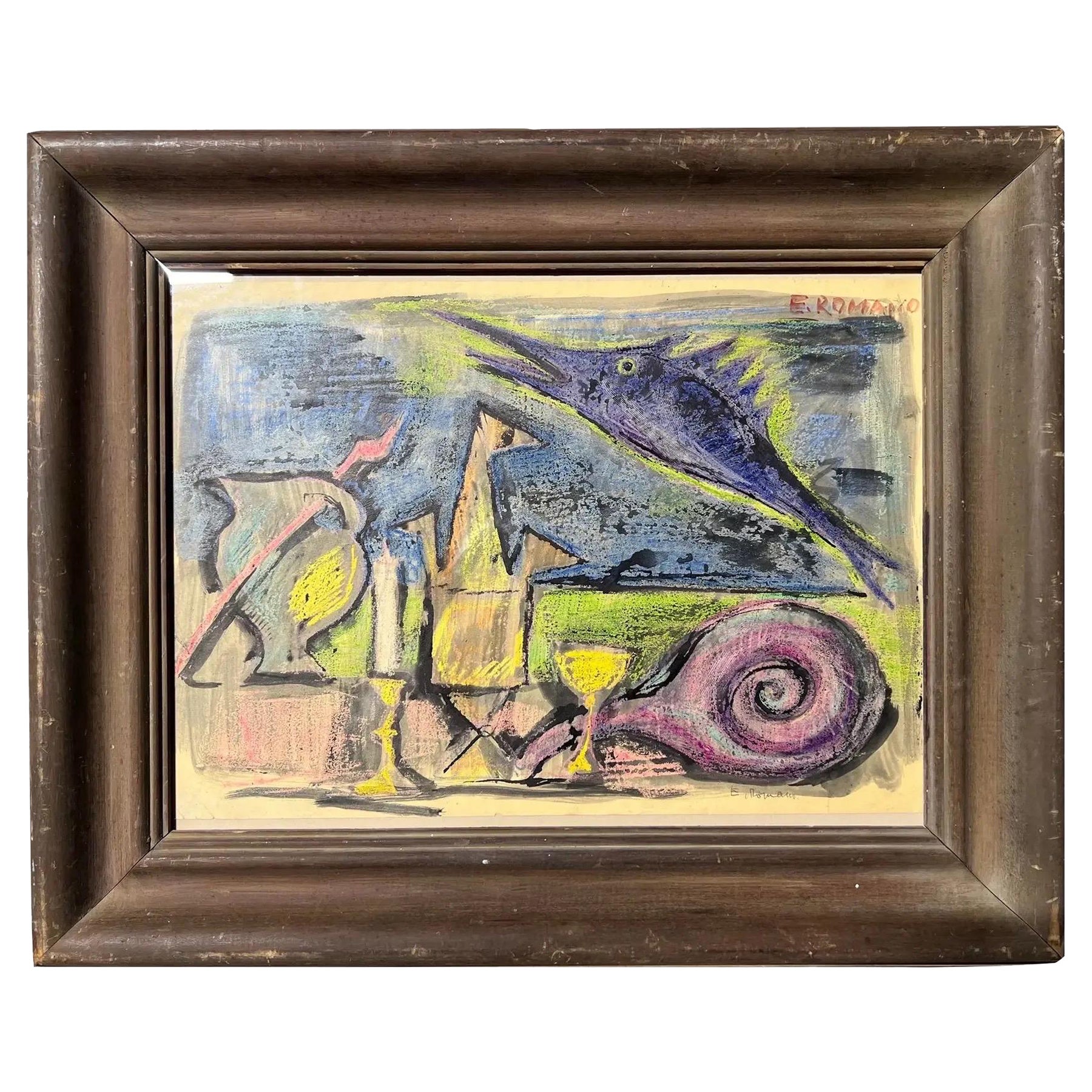 1950's E.Romano "Naturaleza muerta" Pintura en técnica mixta