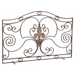 Mid-Century French Wrought Iron Decorative Fireplace Screen with Fleur-de-Lys