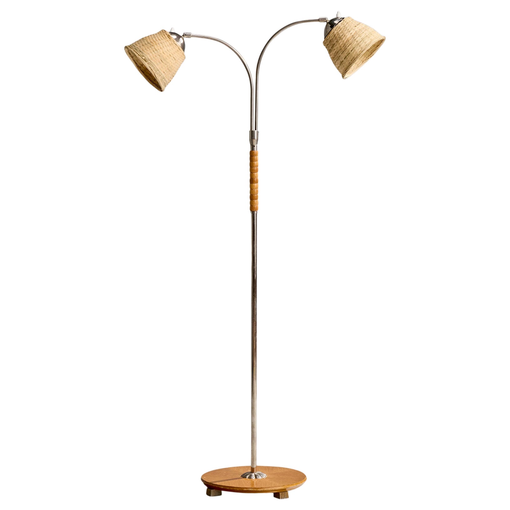 Swedish Designer, Floor Lamp, Chrome, Wood, Rattan, Sweden, 1940s For Sale