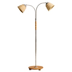 Schwedischer Designer, Stehlampe, Chrom, Holz, Rattan, Schweden, 1940er Jahre
