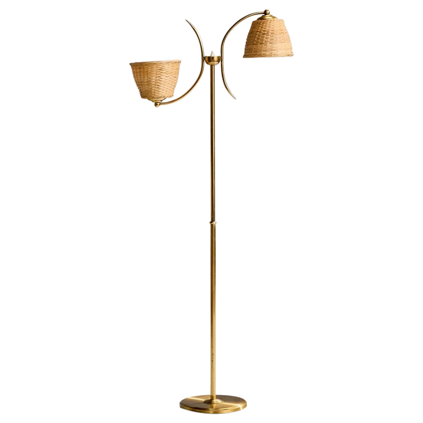 Ystad Metall, Floor Lamp, Brass, Rattan, Sweden, 1950s For Sale