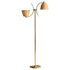 Ystad Metall, Floor Lamp, Brass, Rattan, Sweden, 1950s