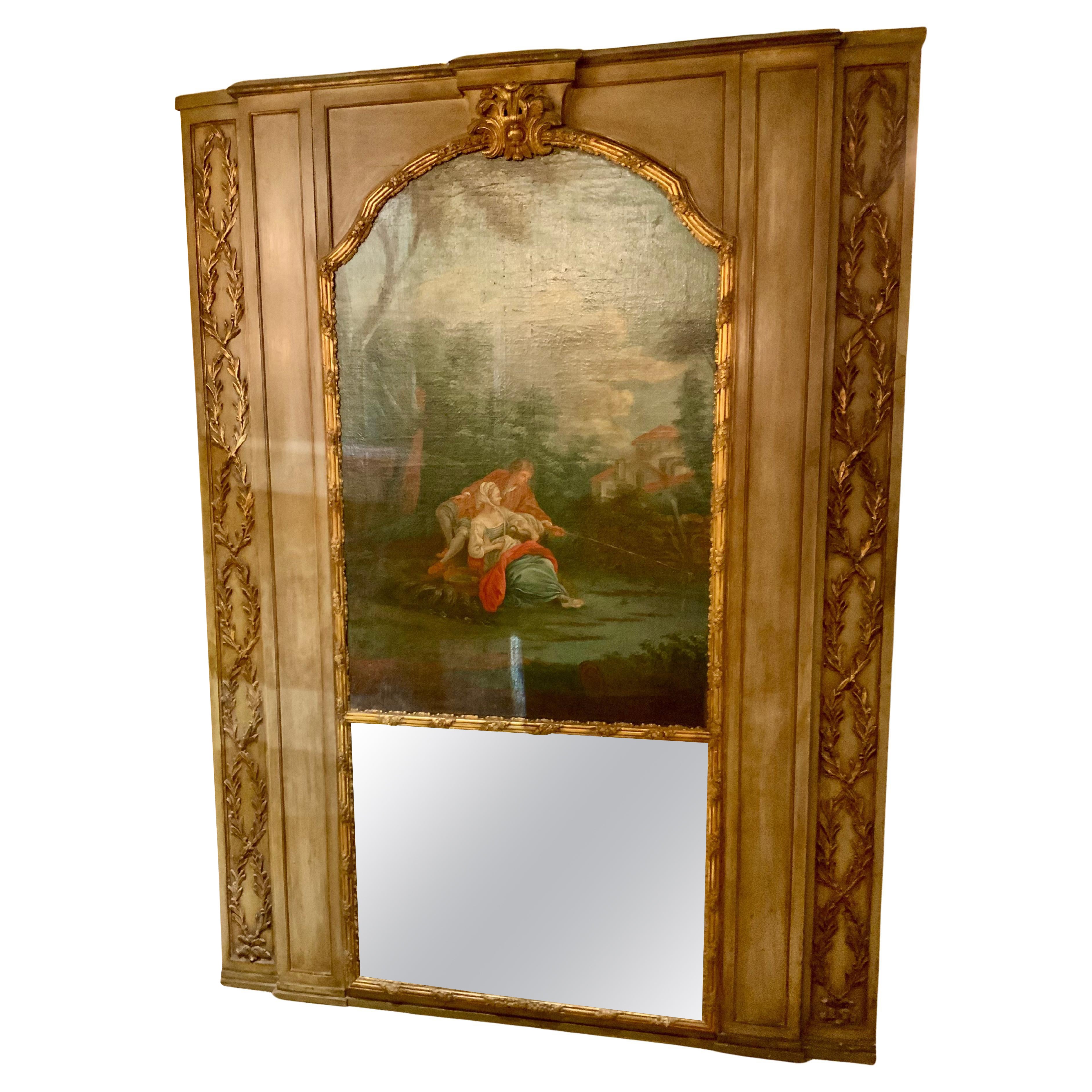 French trumeau mirror with neoclassical couple painting For Sale
