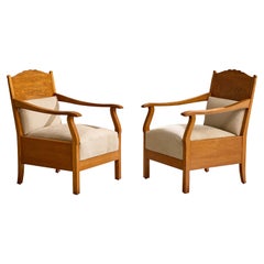 Antique Swedish Designer, Lounge Chairs, Oak, Fabric, Sweden, 1900