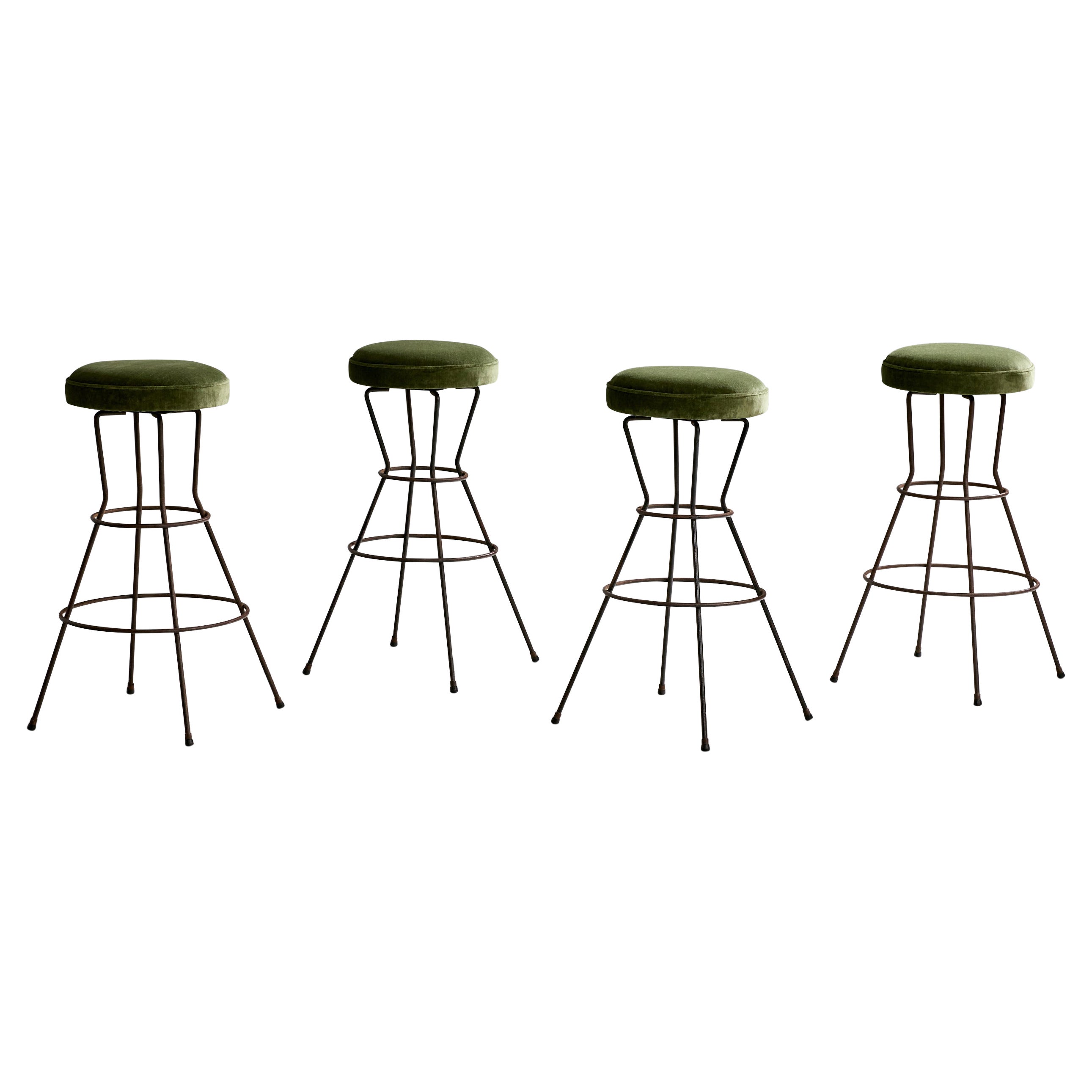 American Designer, Counter Stools, Iron, Velvet, USA, 1950s For Sale