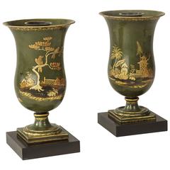 Fine Pair of Regency Tole Green Lacquered Single Candlestick Lamps