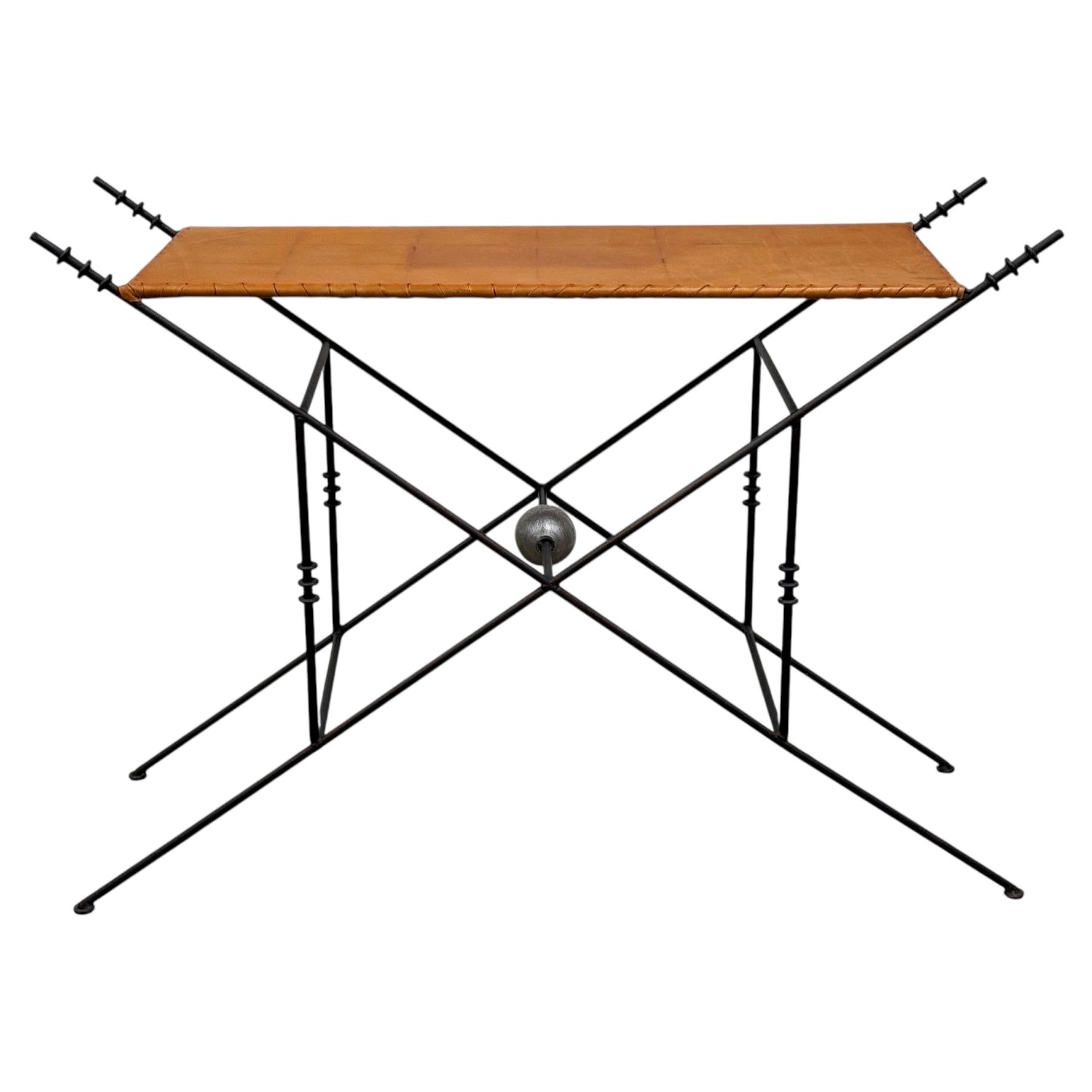 Console Vintage en fer et cuir - D'après Ilana Goor - Brutalist Regency