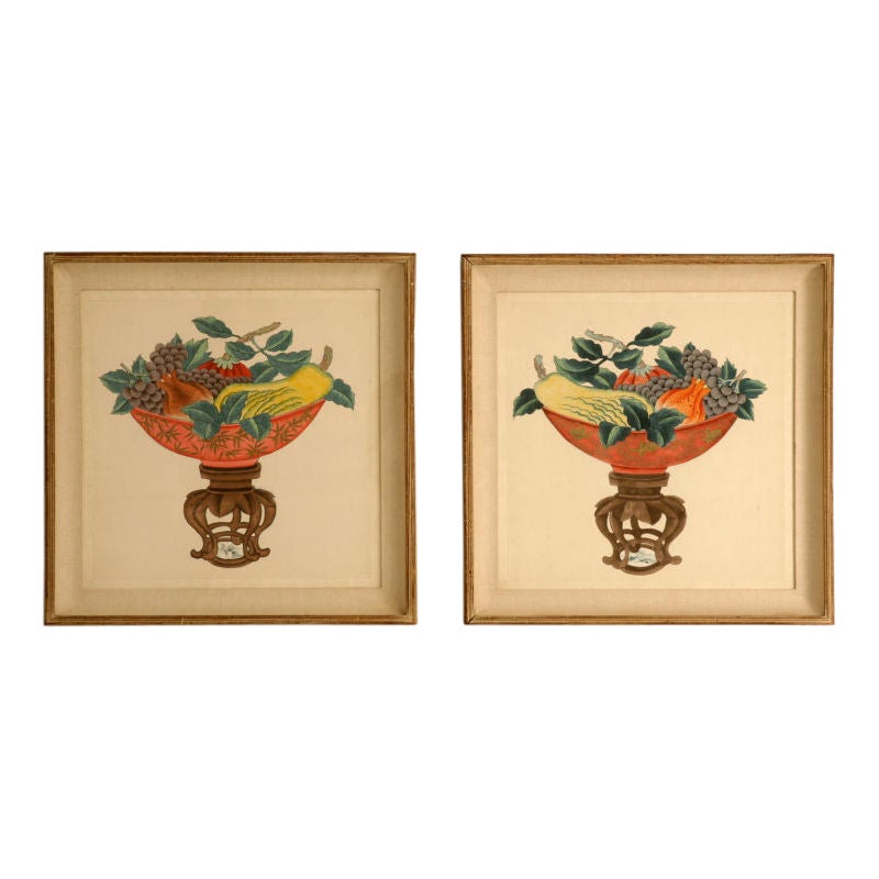 Pair of Antique American Theorem Watercolors in Vintage Frames