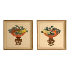 Pair of Antique American Theorem Watercolors in Vintage Frames