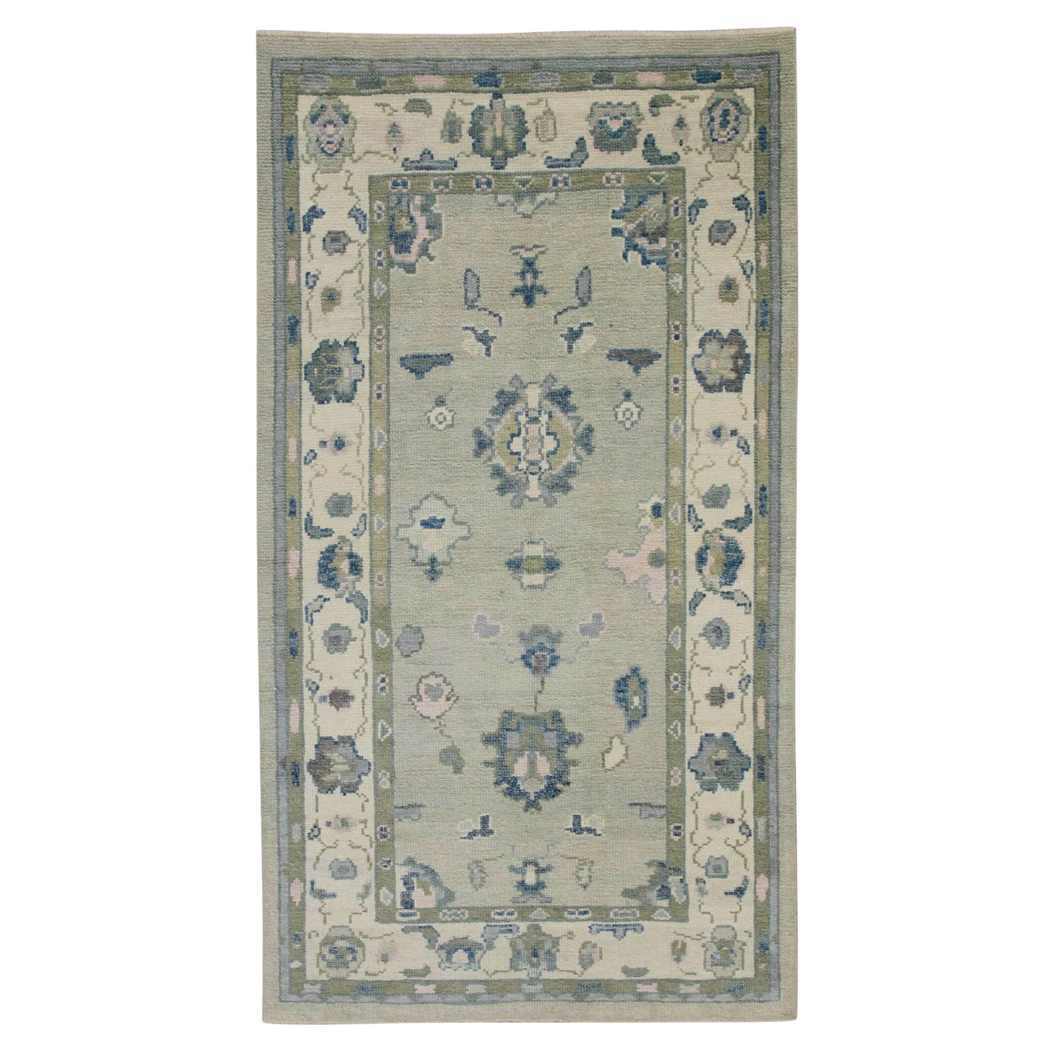 Türkischer Oushak-Teppich Grün & Blau Handgewebter Wollteppich 3'8" x 6'7" im Angebot