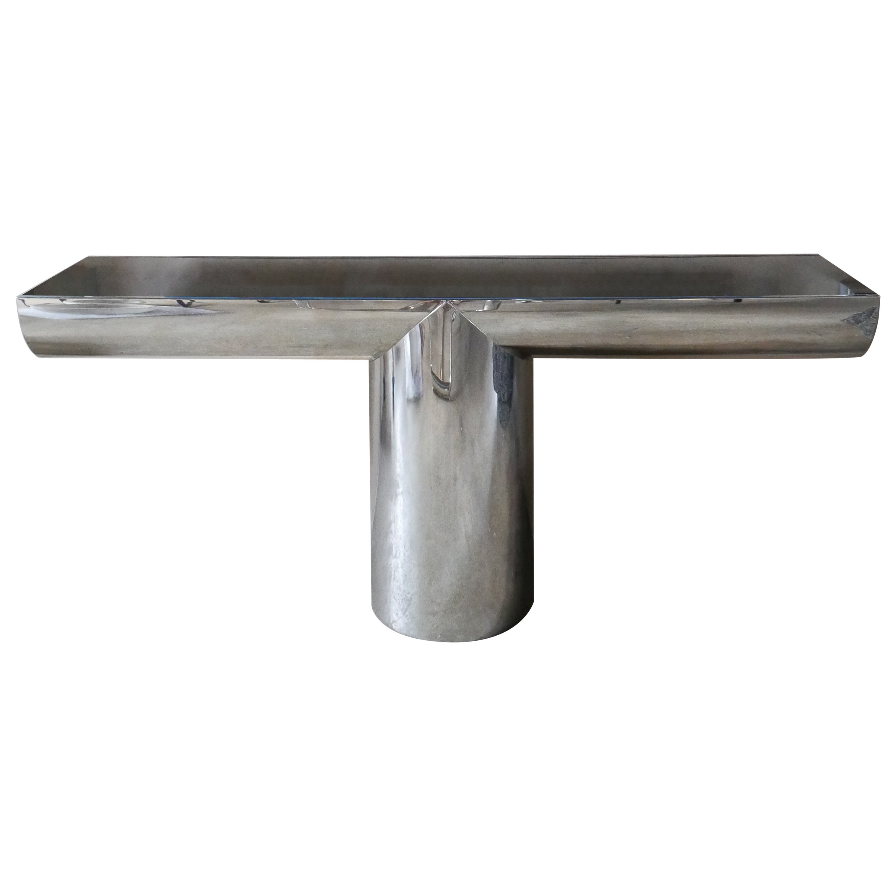 Tavolo console postmoderno degli anni '70 di J. Wade Beam per Brueton in acciaio inox in vendita