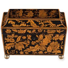 Fine Regency Period Sarcophagus Shaped Penwork Tea Caddy of Rare Size