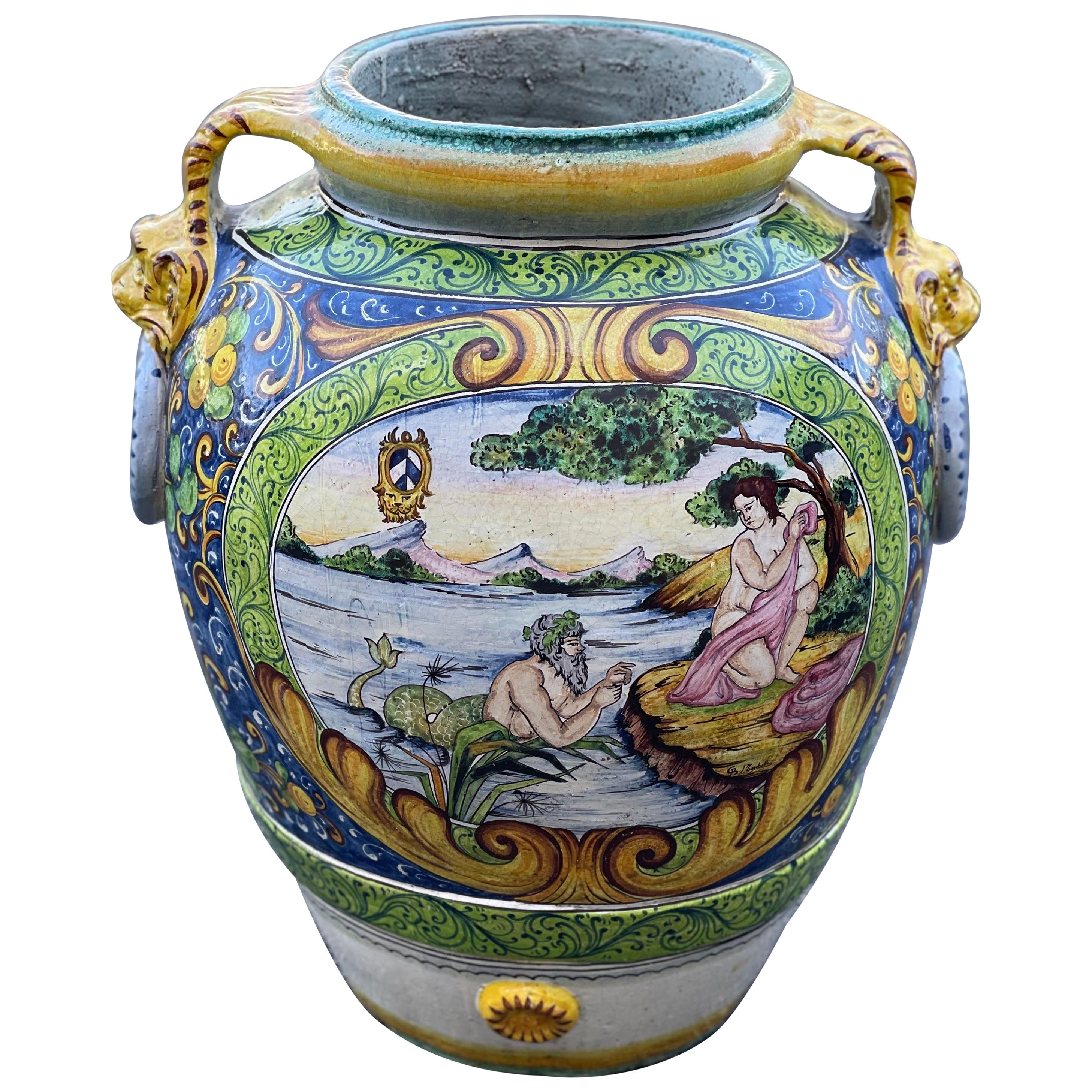 Italian Maiolica Painted Large Pot For Sale