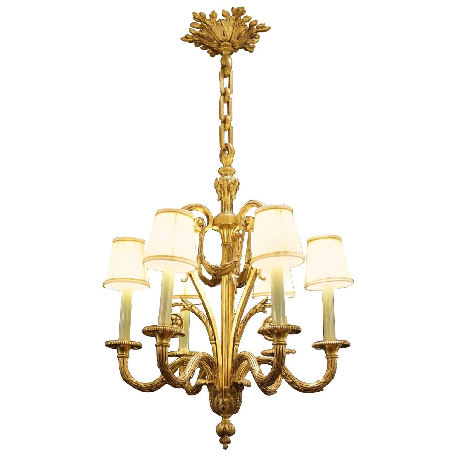 Louis XV Style Chandelier in Gold Gilt Bronze with Its Original Shades