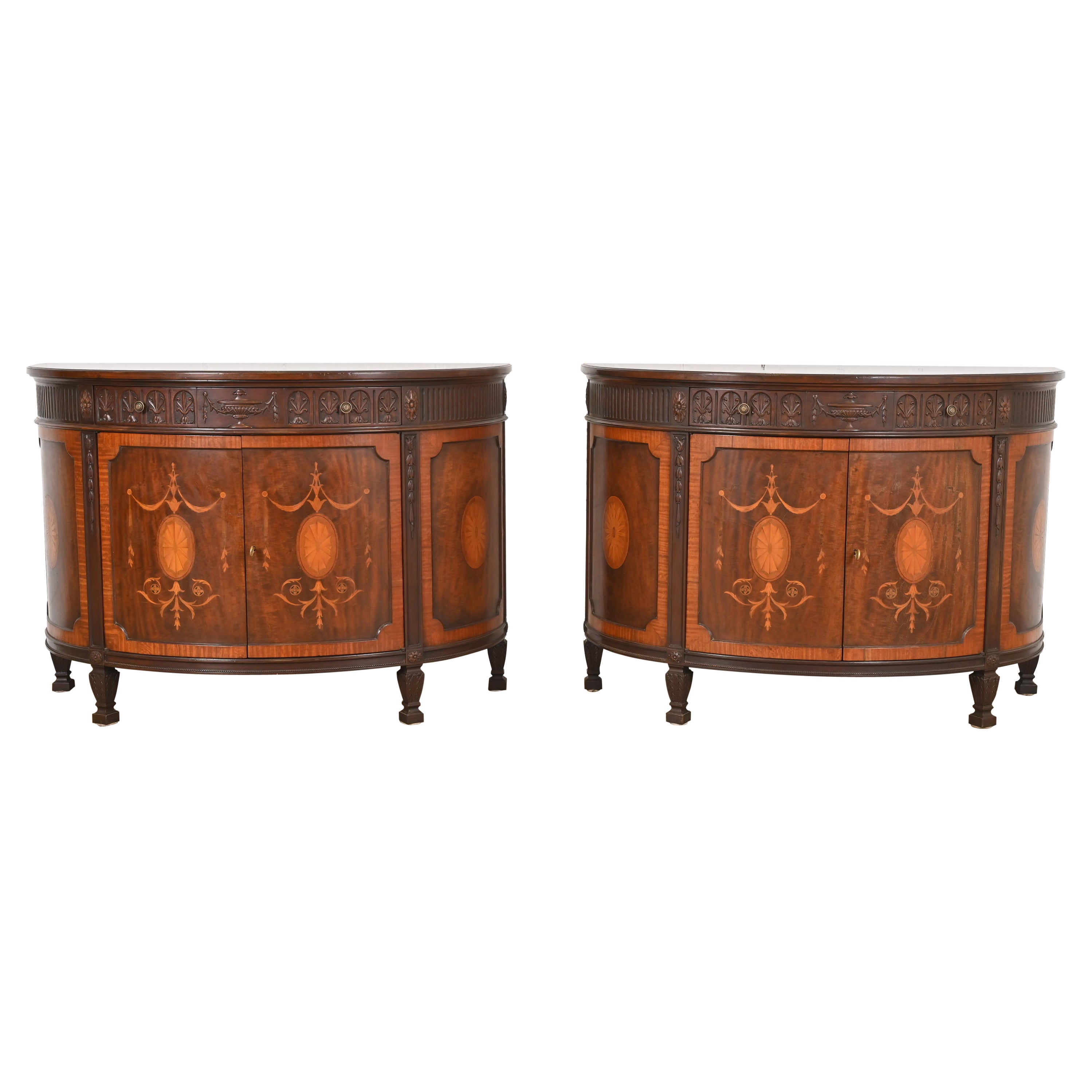 Baker Furniture French Regency Louis XVI Mahogany Demilune Console Tables For Sale