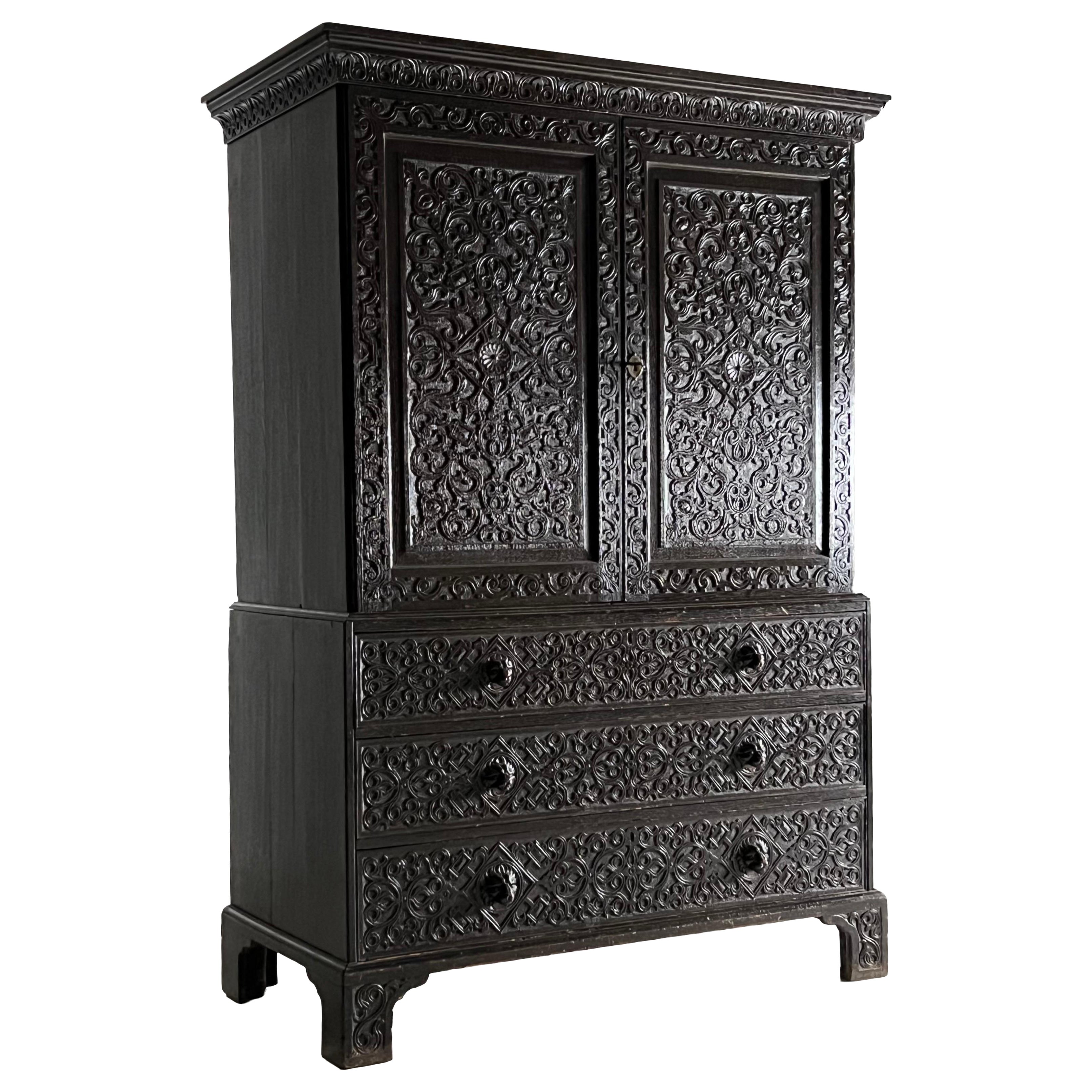 Victorian Cabinet ca. 1860 Oak Hand Carved Panels For Sale
