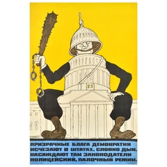 Original Vintage Cold War Soviet Propaganda Poster USA Democracy Police Violence