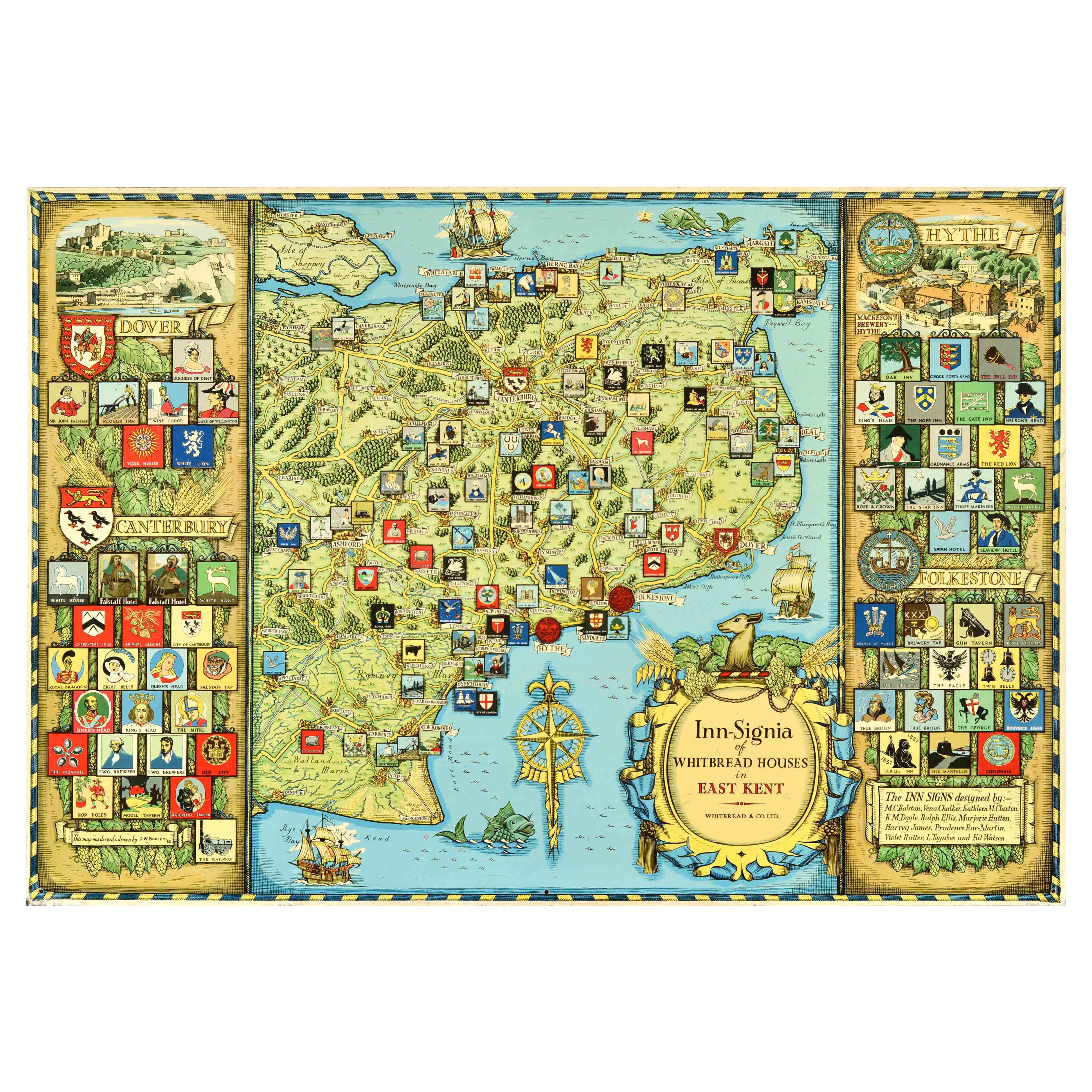 Poster pubblicitario originale d'epoca con le insegne delle case Whitbread nel Kent orientale in vendita