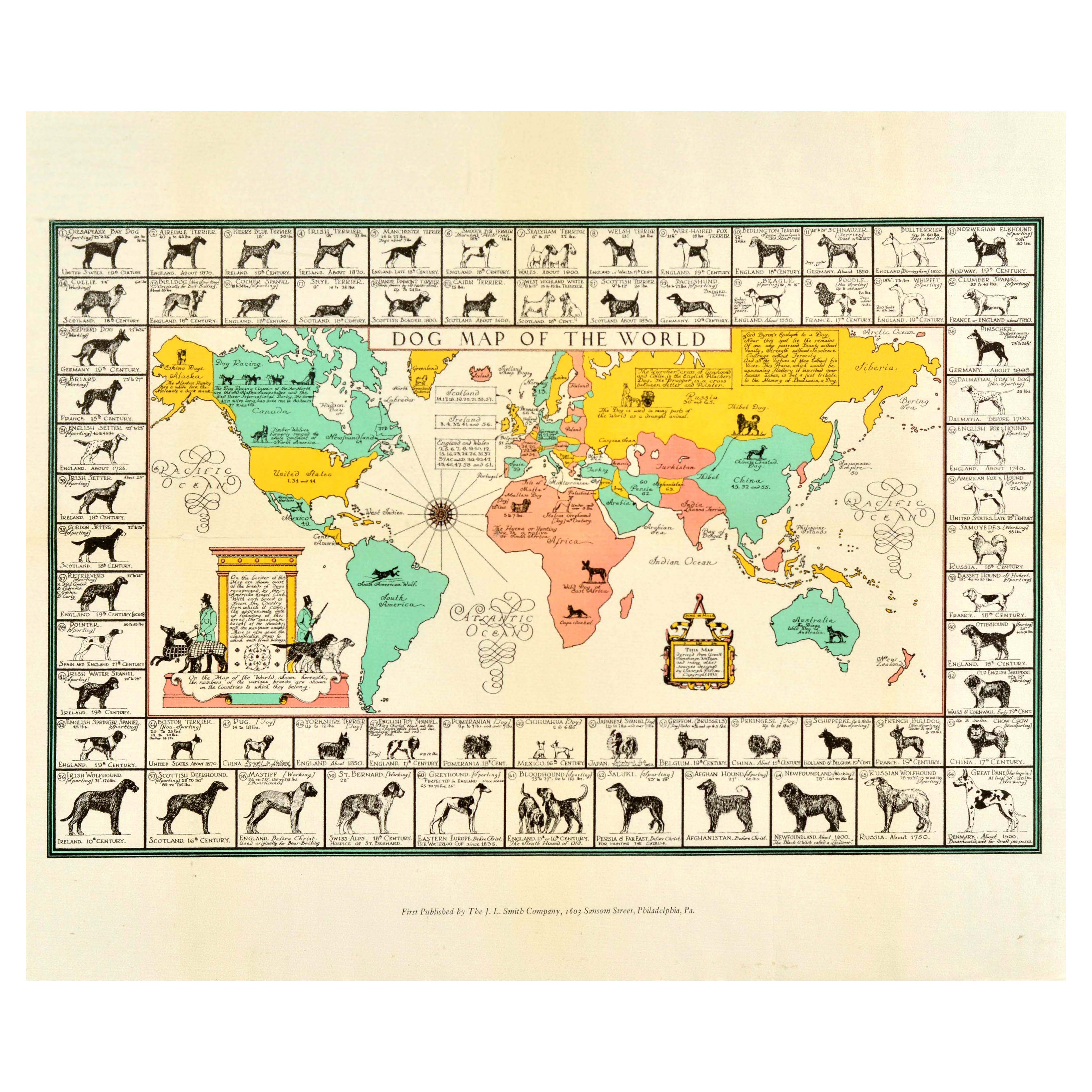 Poster originale d'epoca Mappa del Mondo Canino Joseph Patterson Sims in vendita