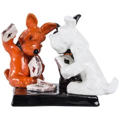 Cute Art Deco Goldscheider Sculpture Depicting Three Card Playing Fox Terriers