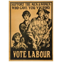 Original Antique World War One Election Poster Vote Labour Men Women Victory WWI