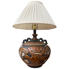 1970’s Rare Tiki Mayan Gods Large Pottery Table Lamp