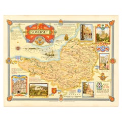 Original Vintage Post-World War Two Map Poster Somerset UK WWII Ernest Clegg