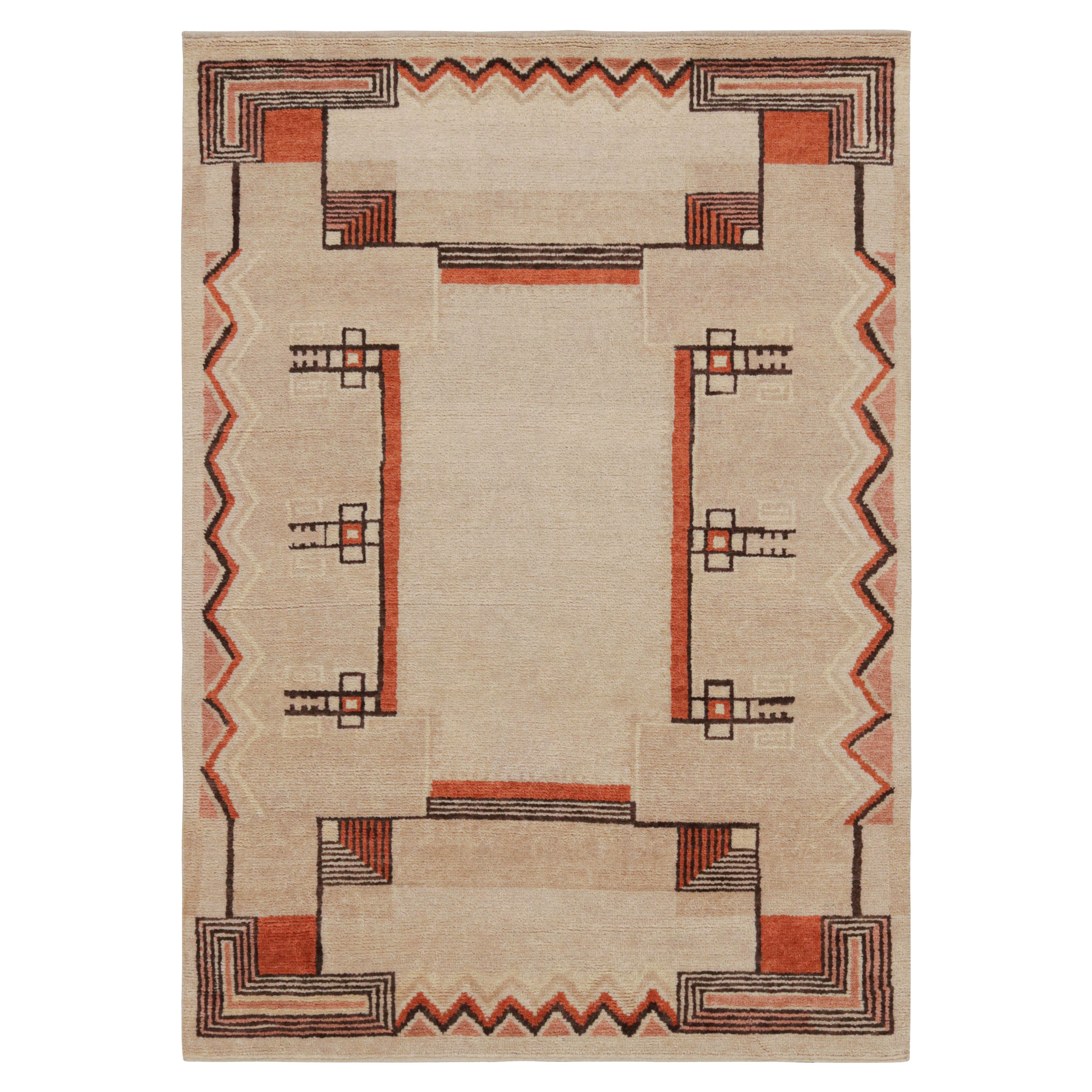 Rug & Kilim's French Art Deco Style Rug in Beige and Orange Geometric Patterns (tapis de style Art déco français à motifs géométriques beige et orange) en vente