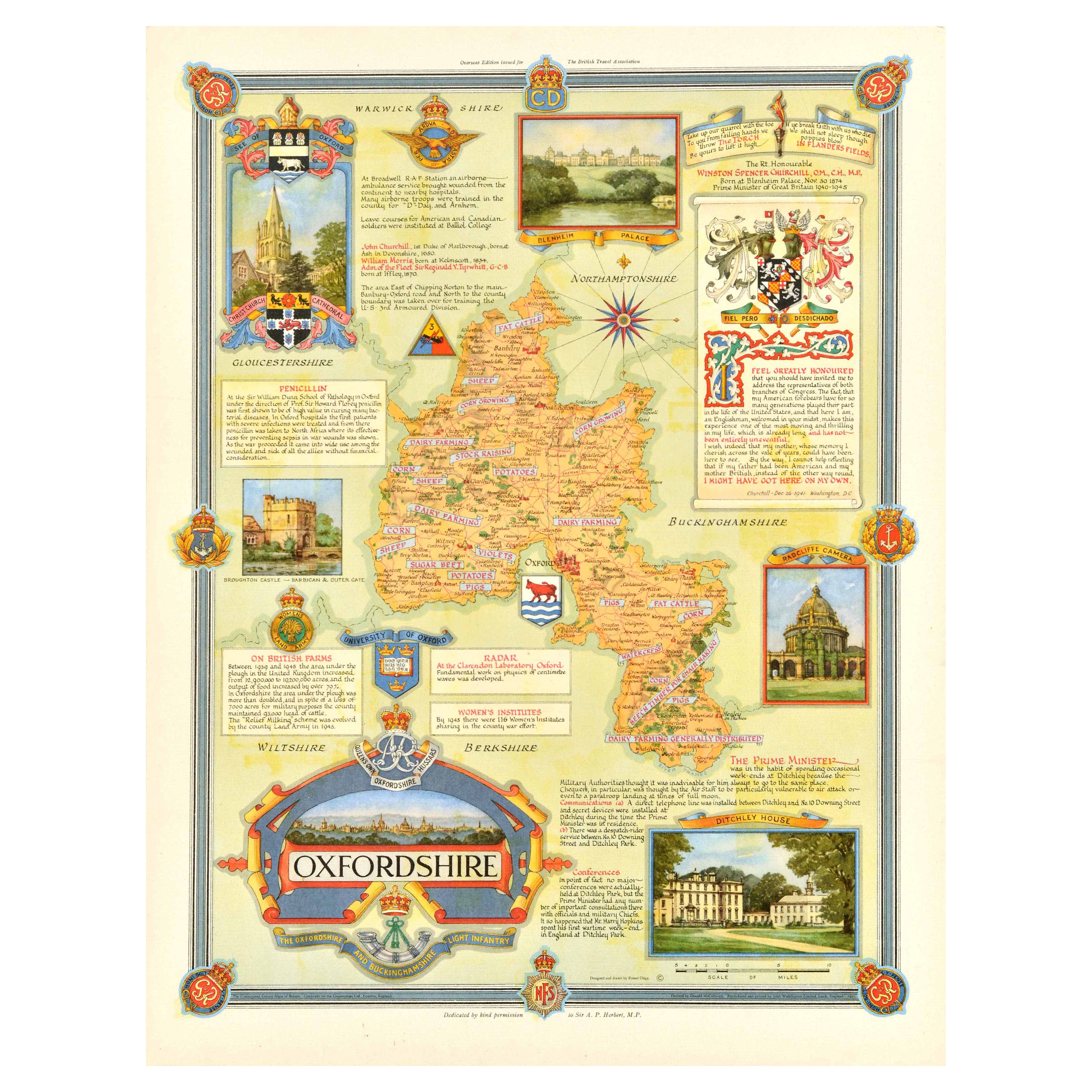 Poster cartografico originale del secondo dopoguerra, Oxfordshire WWII Ernest Clegg in vendita