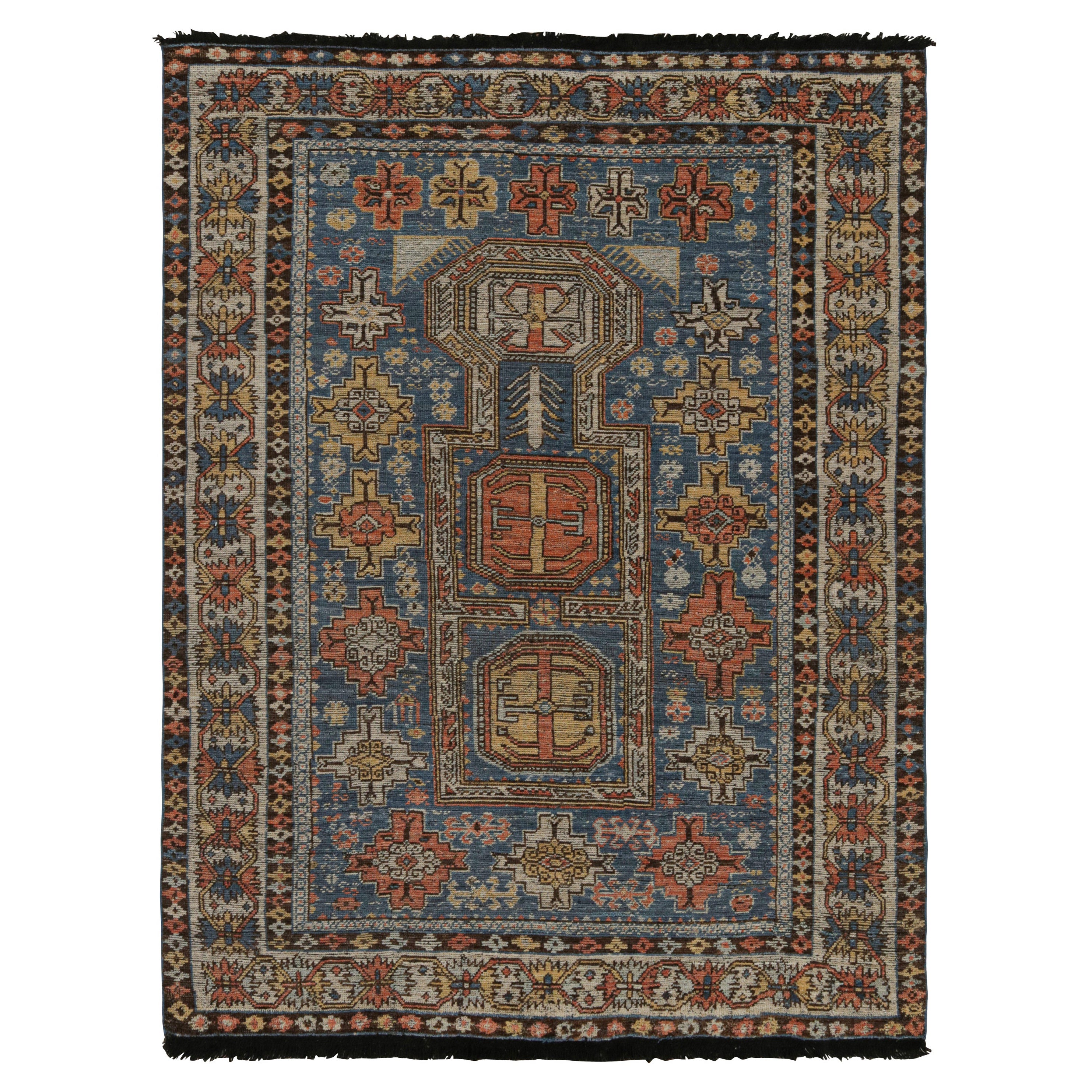 Rug & Kilim's Tribal Style Rug in Blue, with Red and Gold Geometric Patterns (tapis de style tribal en bleu, avec des motifs géométriques rouges et dorés) en vente