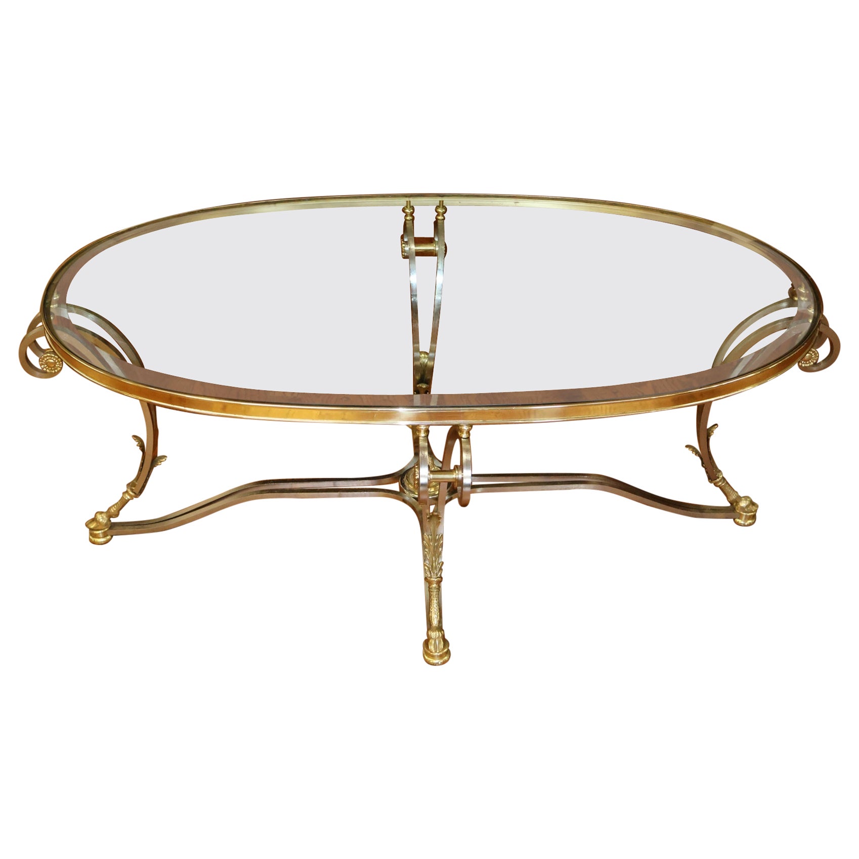 Table basse à plateau en verre Labarge en acier et laiton Hollywood Regency style Jansen