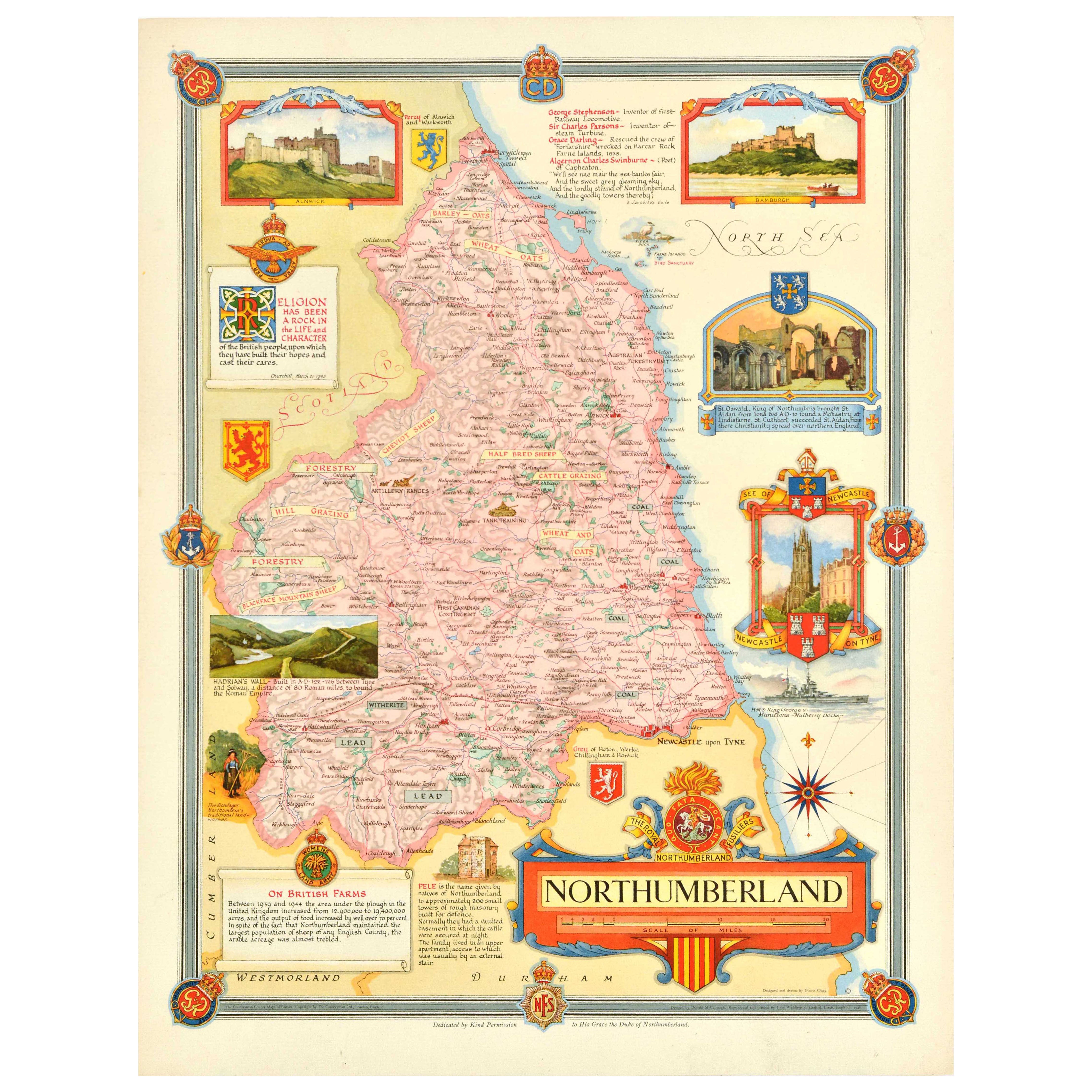 Poster cartografico originale del periodo successivo alla seconda guerra mondiale Northumberland UK WWII Clegg