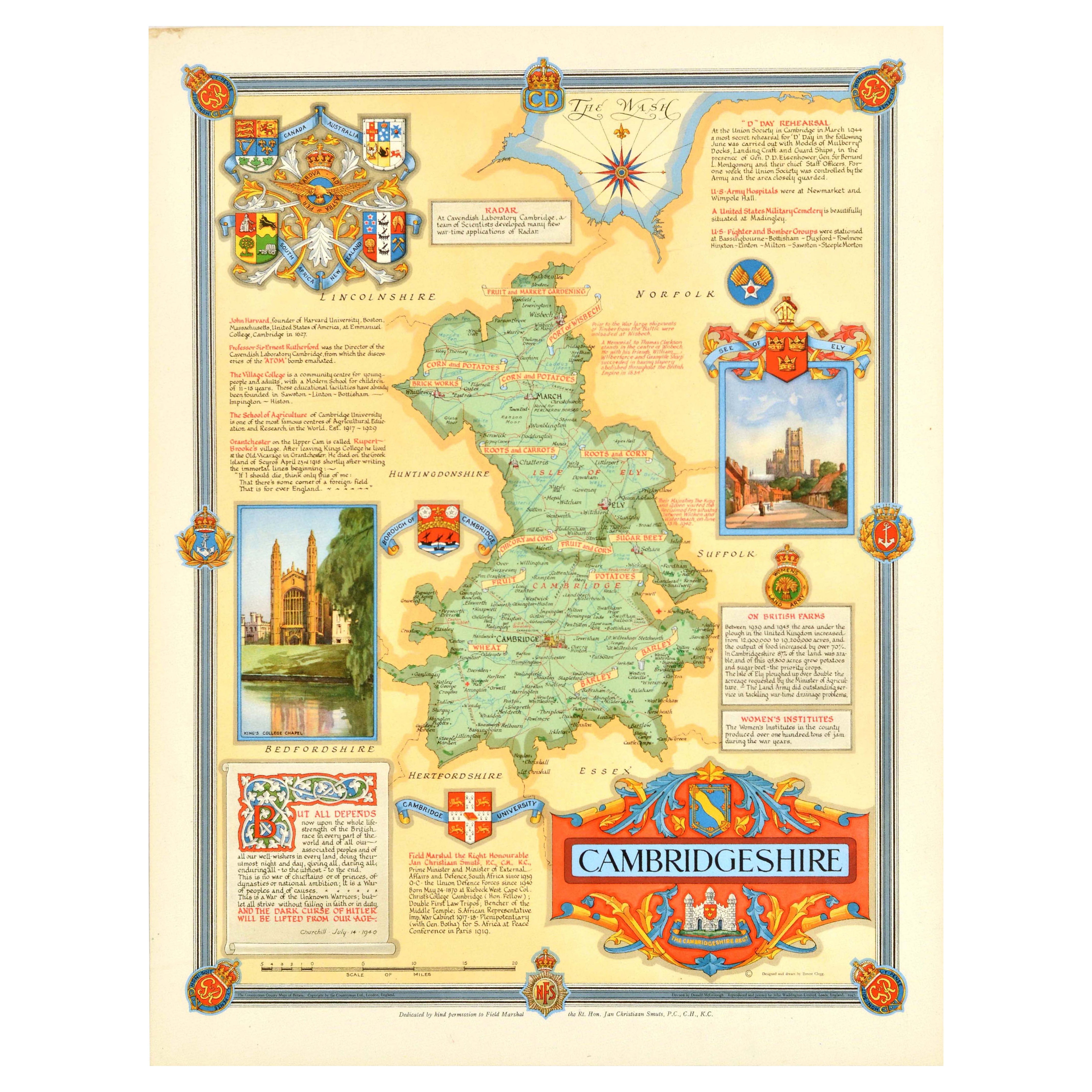 Poster cartografico originale del secondo dopoguerra Cambridgeshire WWII Ernest Clegg