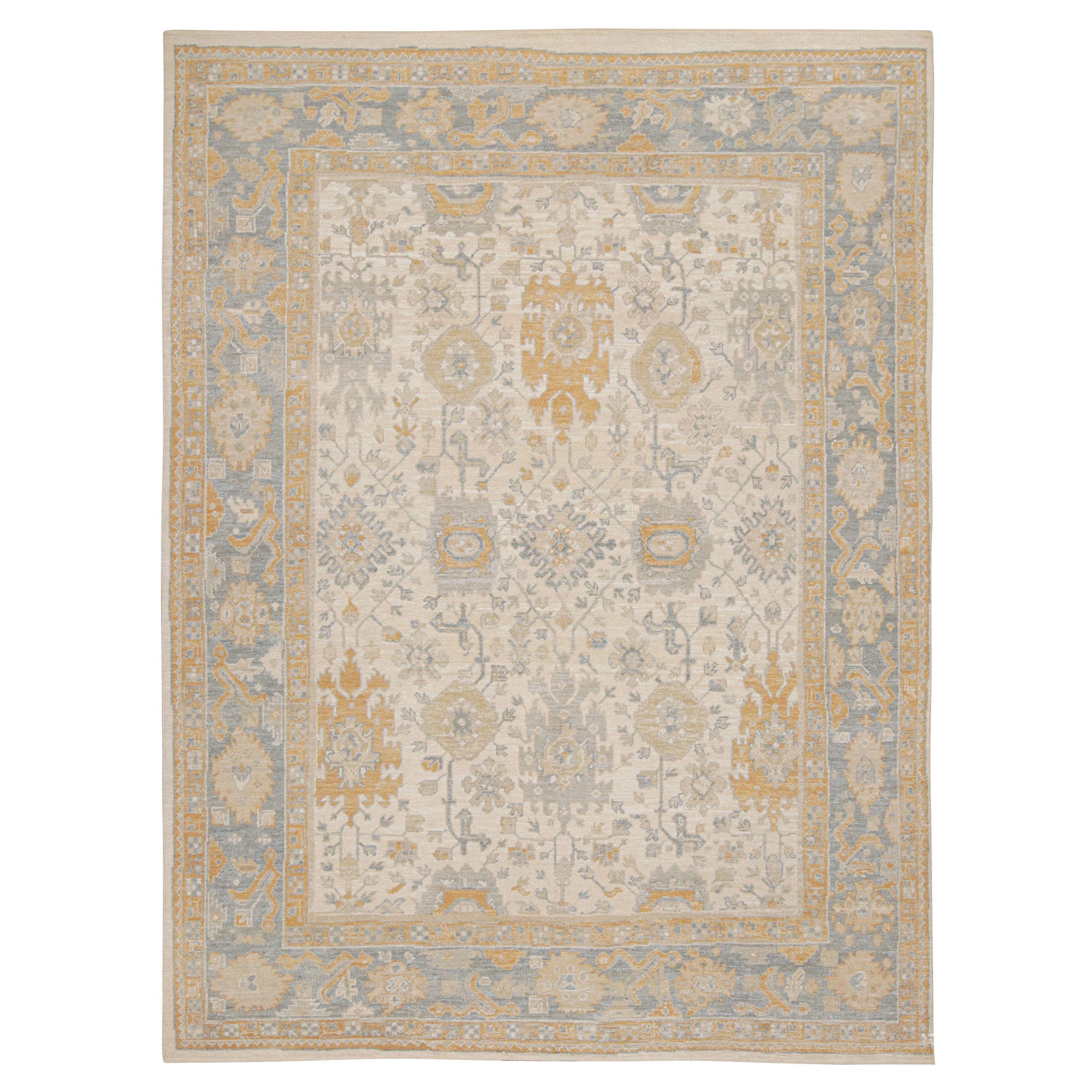 Rug & Kilim’s Oushak Rug in Beige, Gold and Blue Floral Patterns For Sale