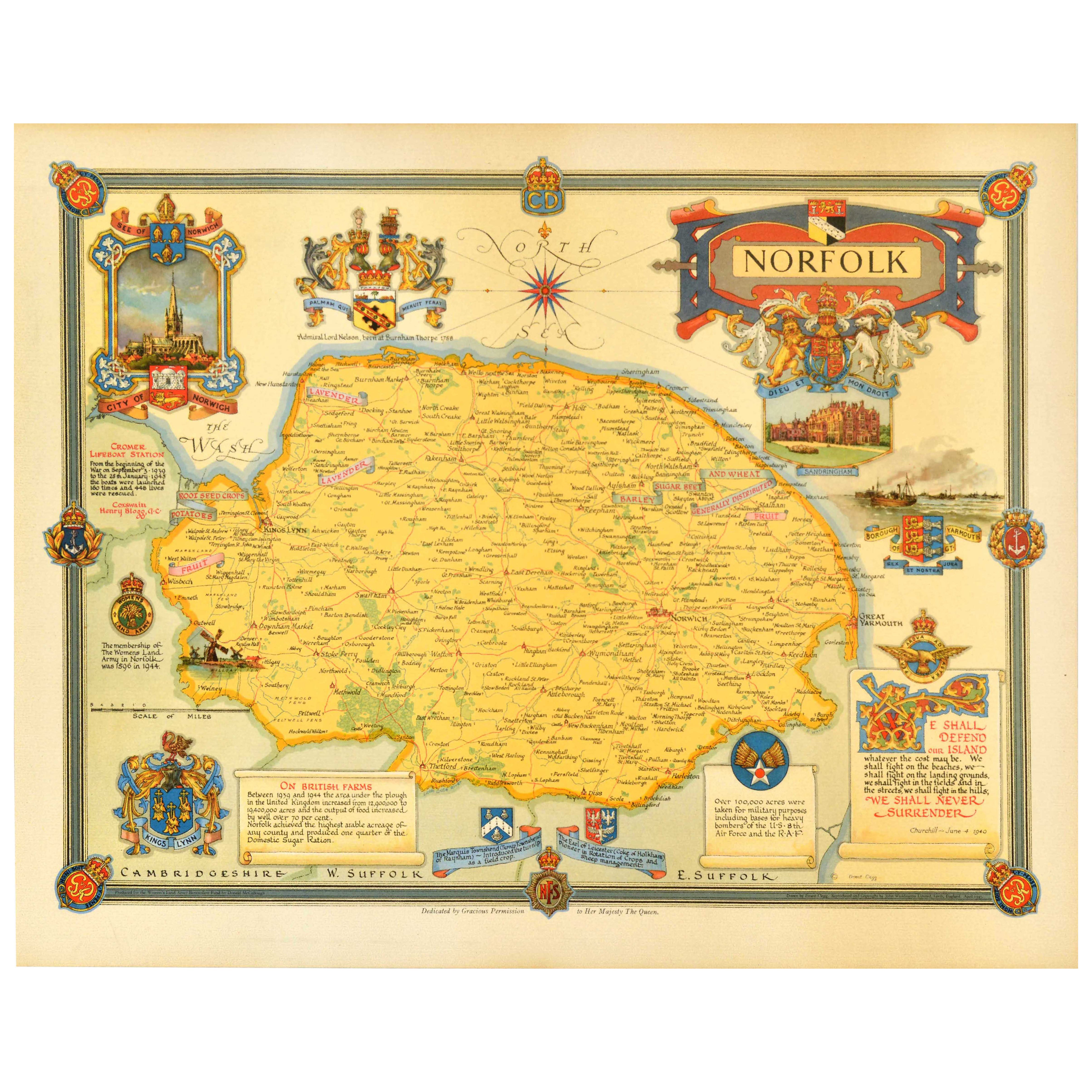 Poster cartografico d'epoca post Seconda Guerra Mondiale Norfolk Regno Unito WWII Ernest Clegg