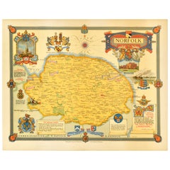 Original Vintage Post-World War Two Map Poster Norfolk UK WWII Ernest Clegg