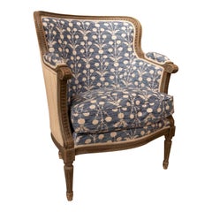 1970s Louis XVI Style Armchair with Indigo Blue Floral Upholstery