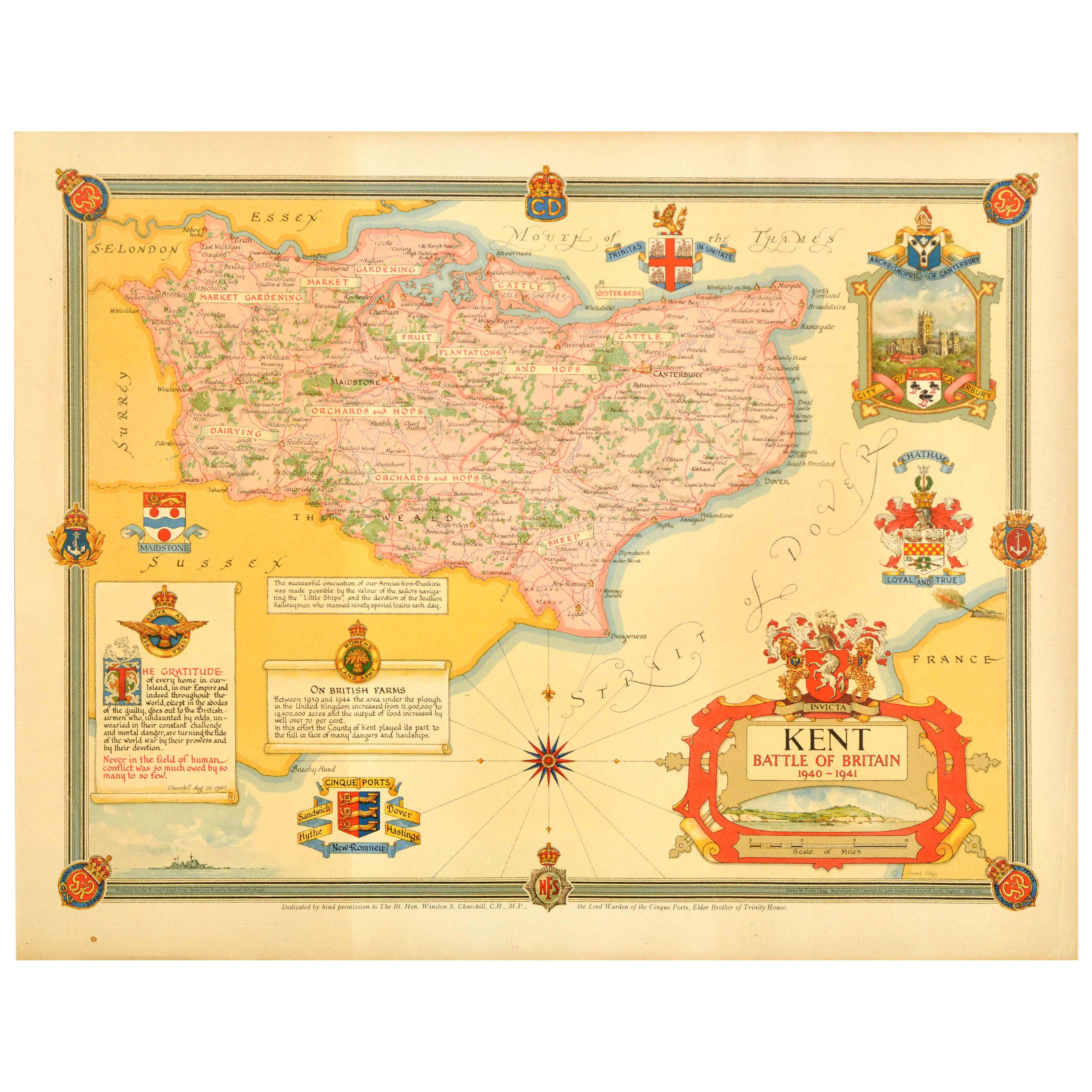Originale poster cartografico post Seconda Guerra Mondiale Kent Battle Of Britain WWII Clegg