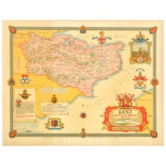 Original Vintage Post-World War Two Map Poster Kent Battle Of Britain WWII Clegg
