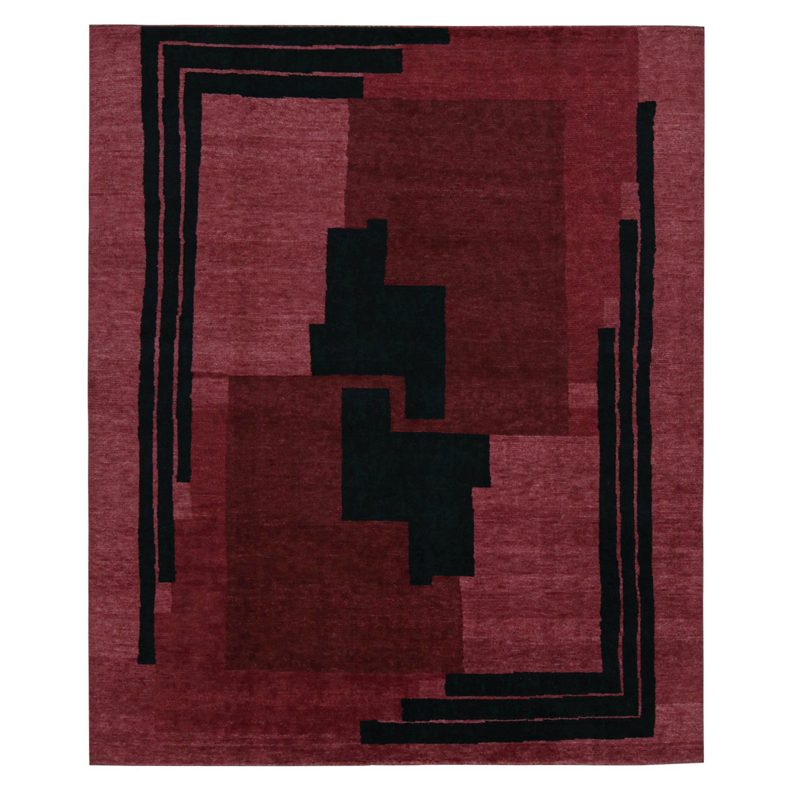 Rug & Kilim’s French Art Deco style rug in Red with Black Geometric Patterns For Sale