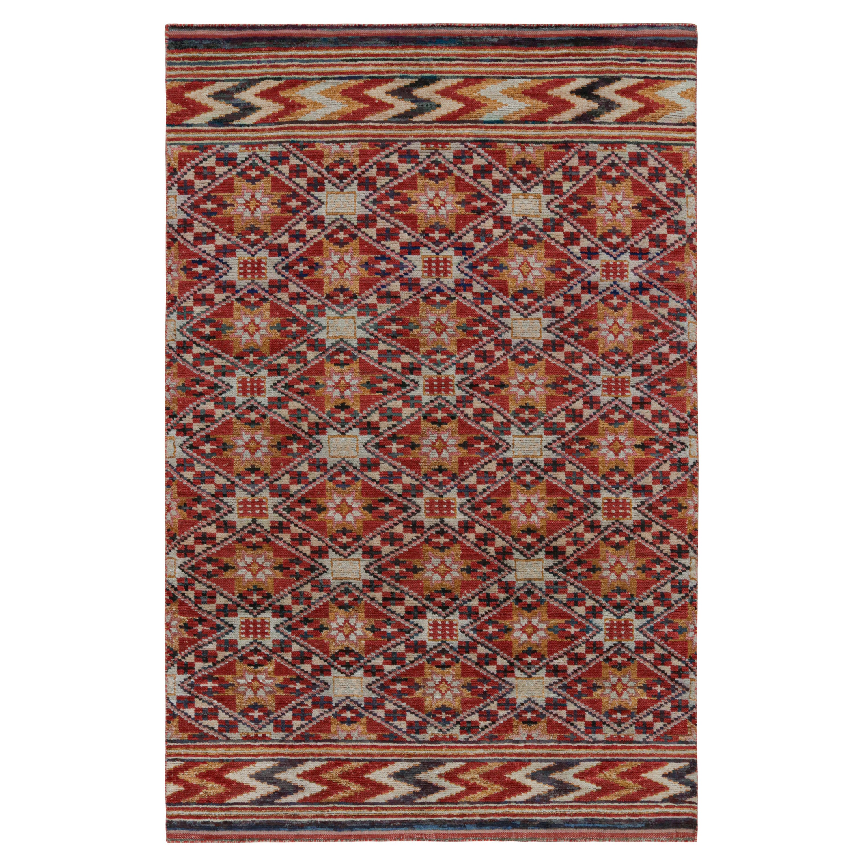 Rug & Kilim’s Moroccan Style Rug in Red with Gold Geometric Patterns For Sale