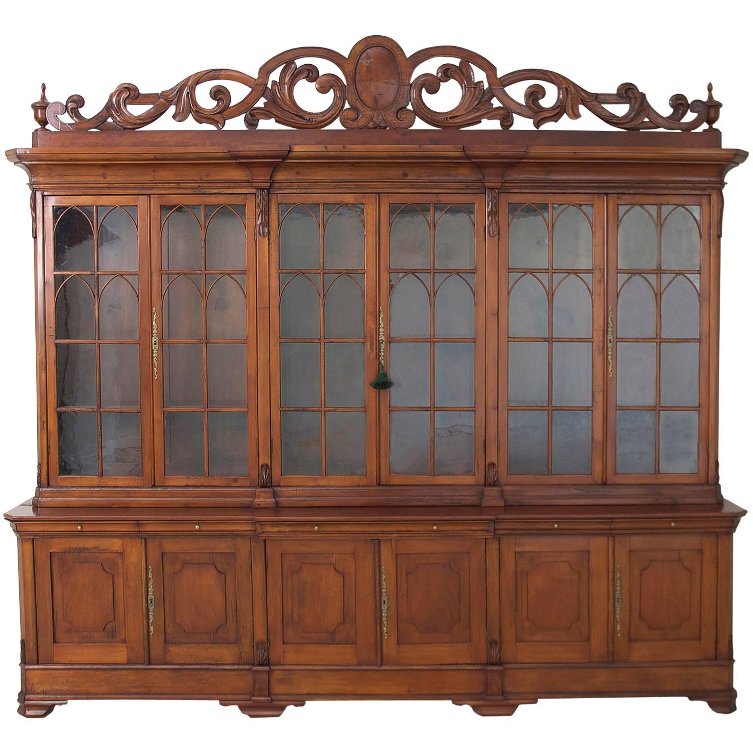 Large French Antique Breakfront, Bookcase with Mullioned Glass Panes and Storage
